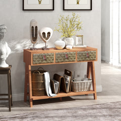 Mid Century Modern Console Table with Storage for Entryway - Brown Oak