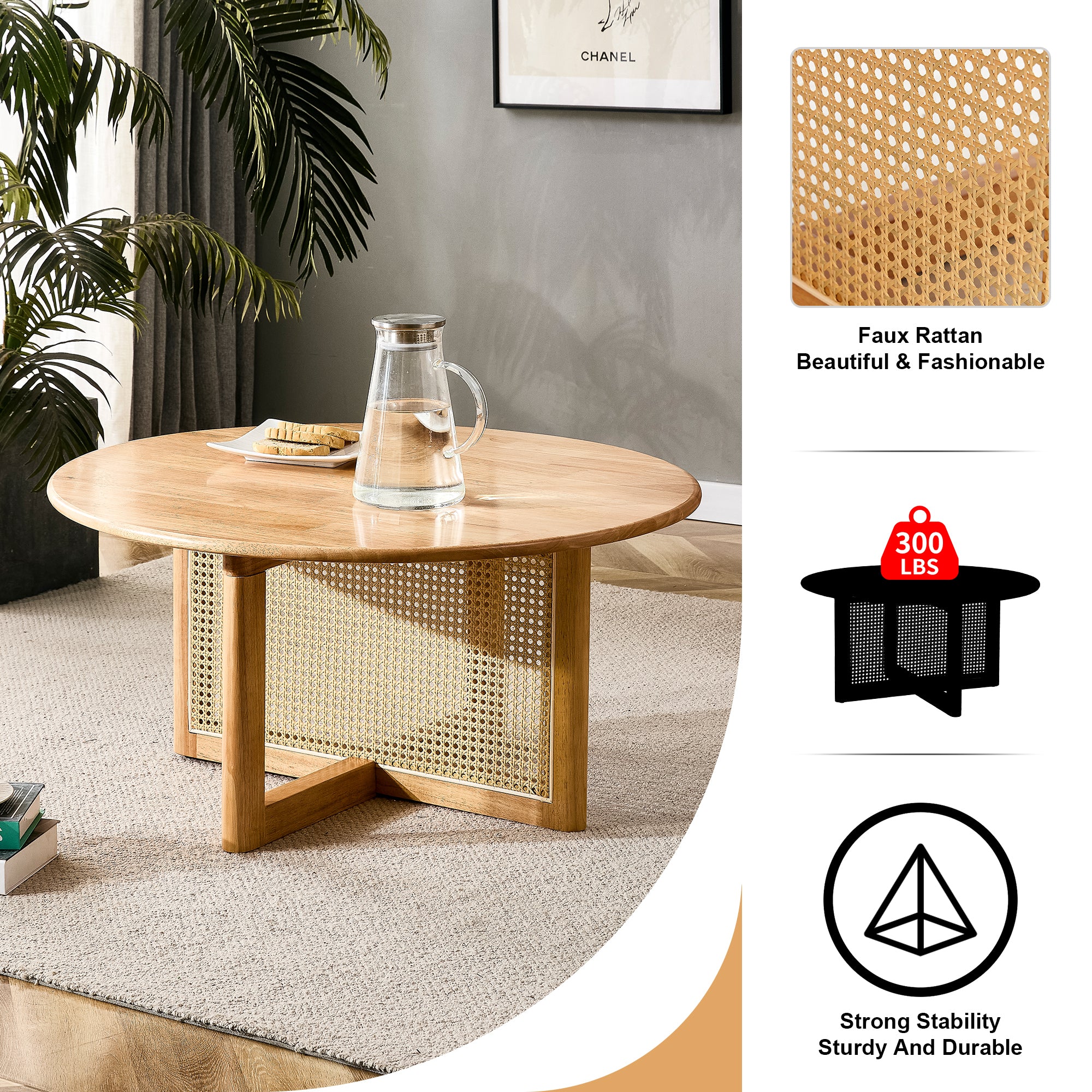 Naturally Elegant Wooden Coffee Table with Faux Rattan Accents
