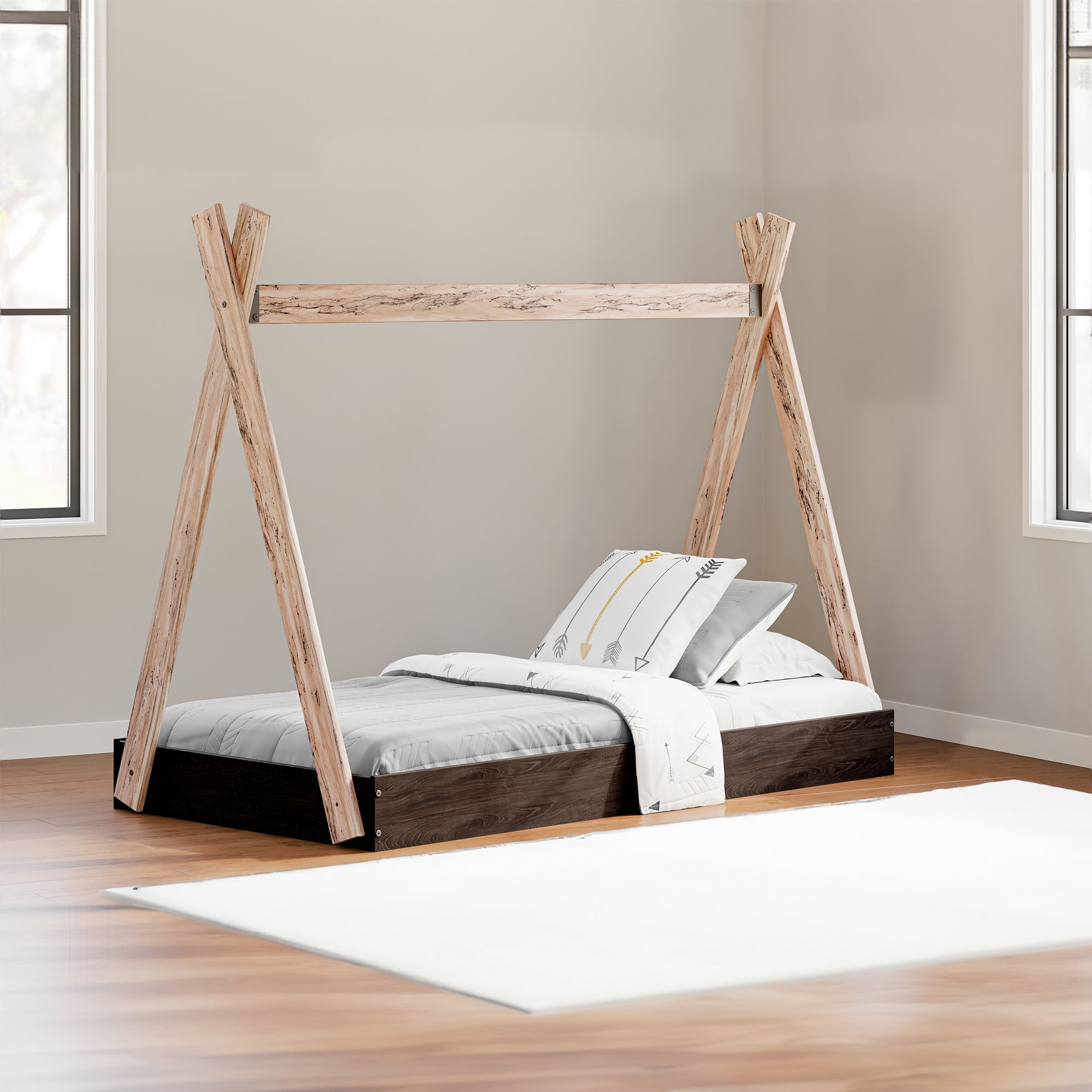 Modern Twin Size Bed, Crossed Wood A Frame Tent Stand, Jet Black Base