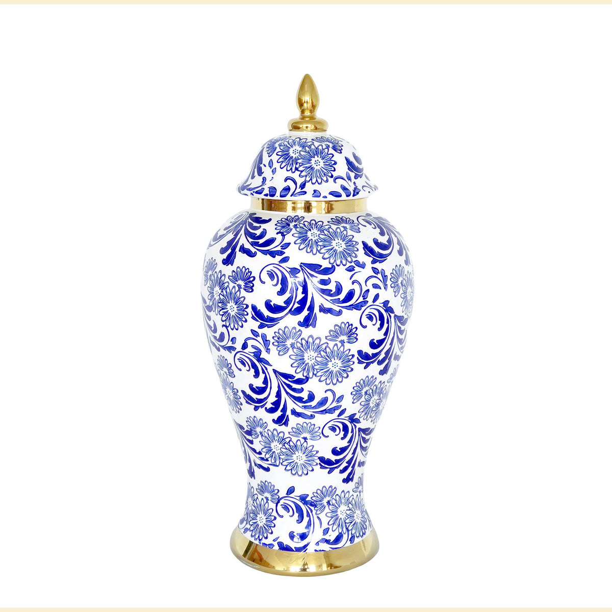 14"H White Ceramic Ginger Jar Vase with Blue & Gold Accents and Removable Lid