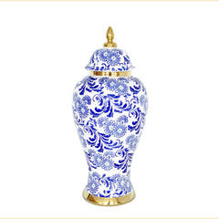 14"H White Ceramic Ginger Jar Vase with Blue & Gold Accents and Removable Lid