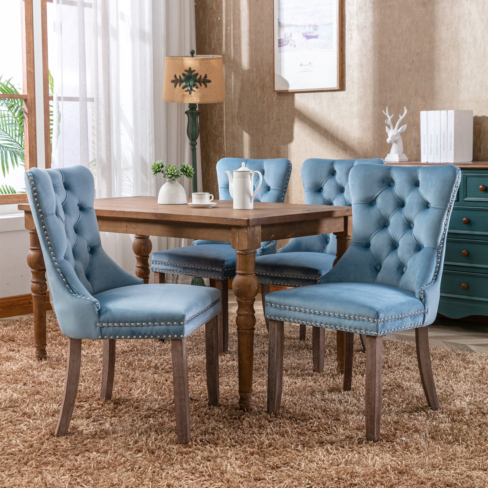 High-end Tufted Solid Wood Contemporary Velvet Upholstered Dining Chair with Wood Legs Nailhead Trim 2-Pcs Set, Light Blue