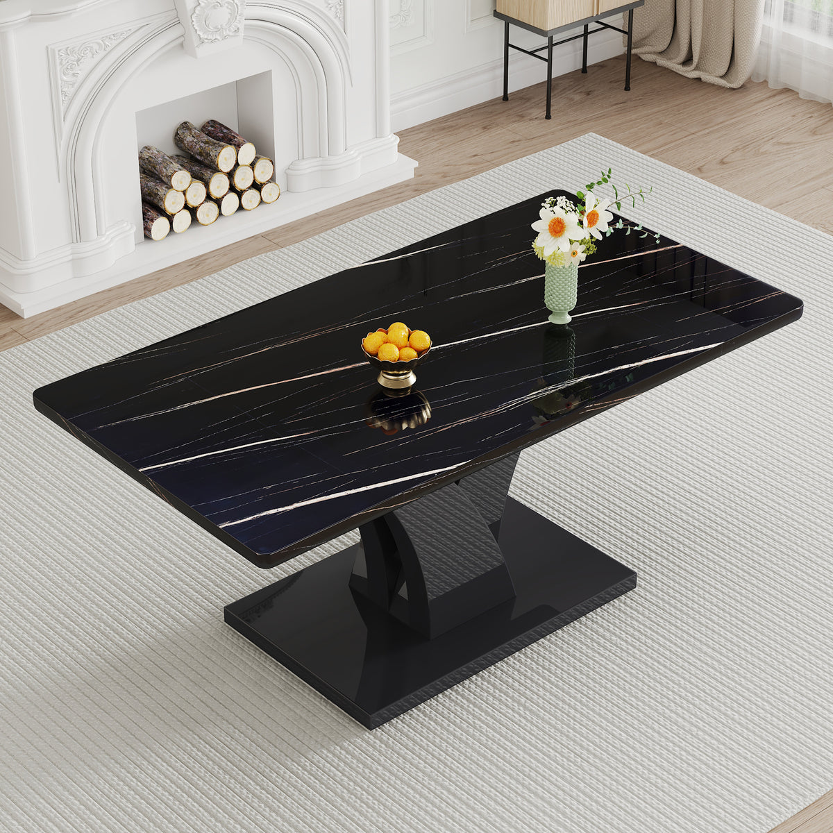 Modern Dining Table, Black Desktop and Black MDF Leg