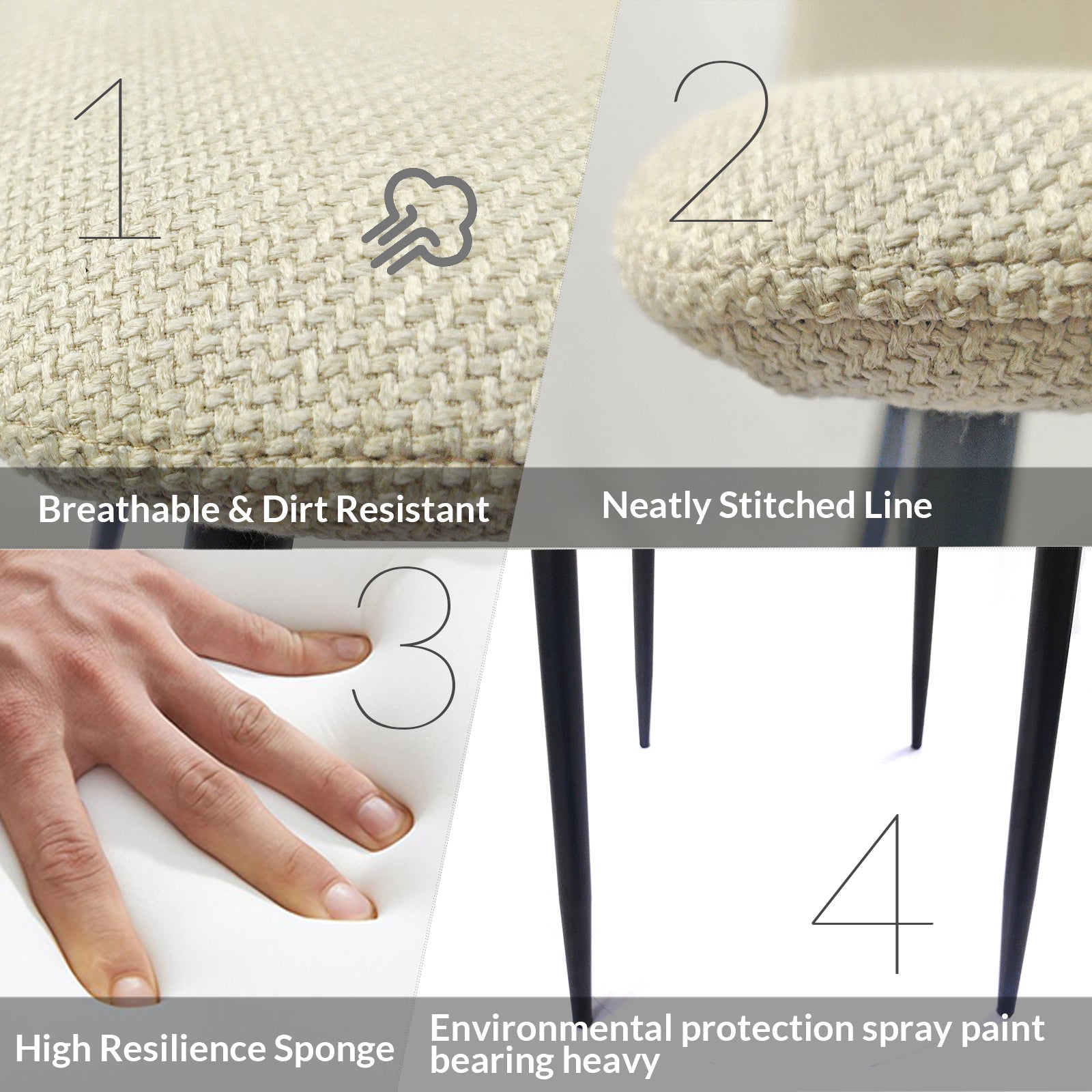 Set of 4 Modern Kitchen Dining Room Chairs, Cushion Seat and Sturdy Black Metal Legs - Beige