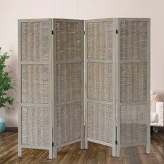 Paulownia Wood 4 Panel Divider Screen, Woven Willow Design - Light Brown