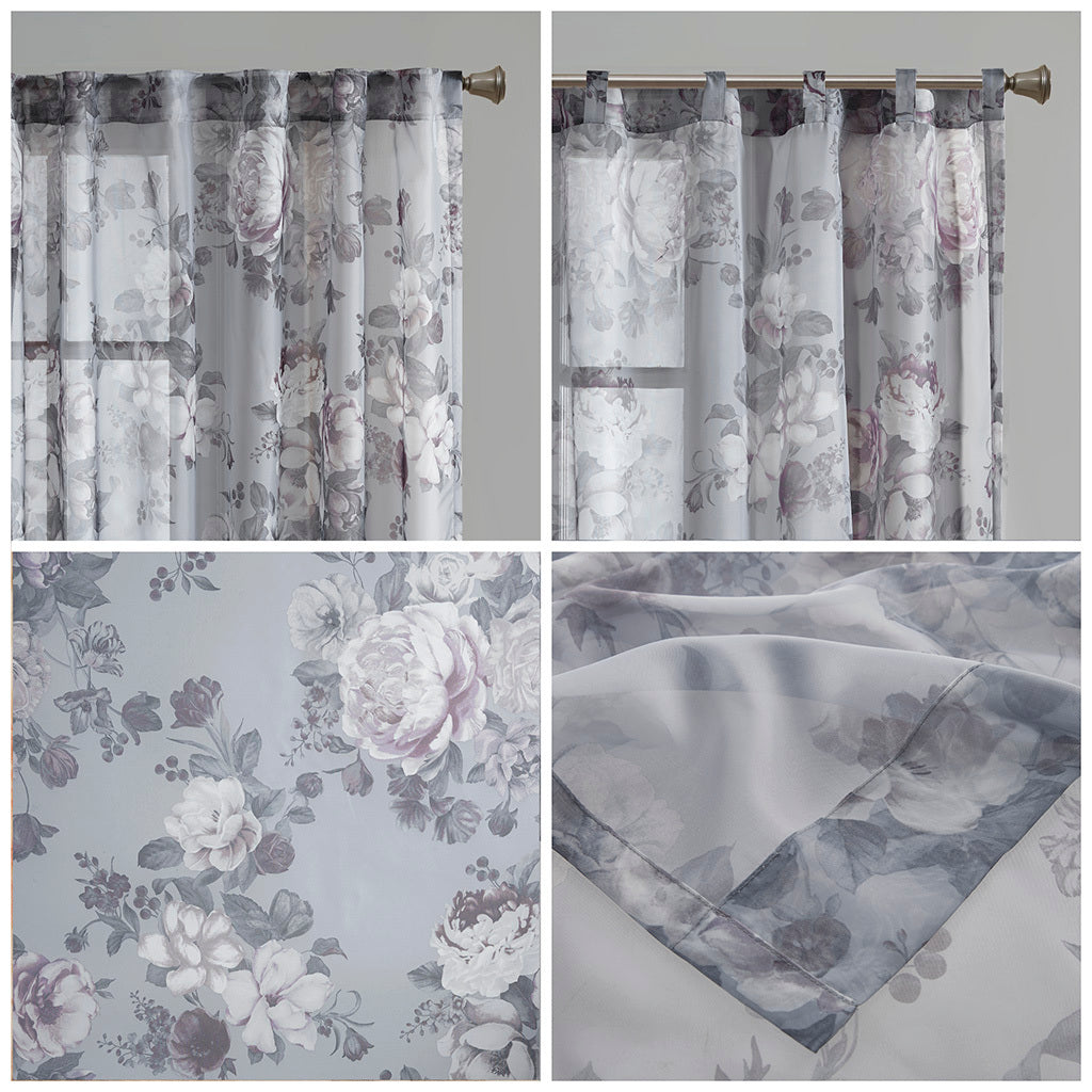 Printed Floral Rod Pocket and Back Tab Voile Sheer Curtain - Grey