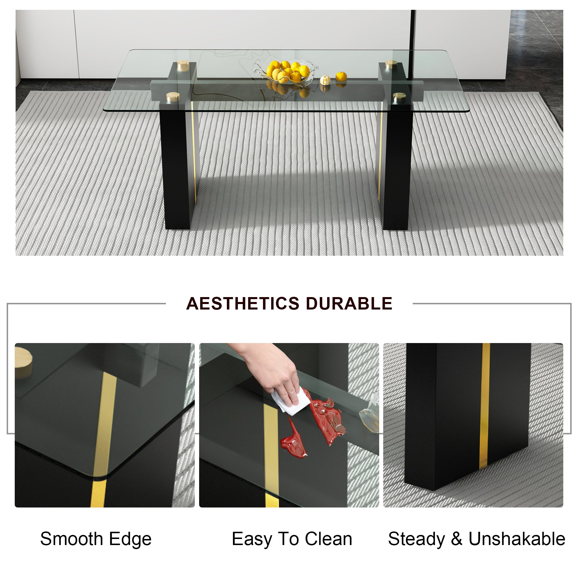 Modern Rectangular Glass Dining Table for 6-8 people - Black Legs
