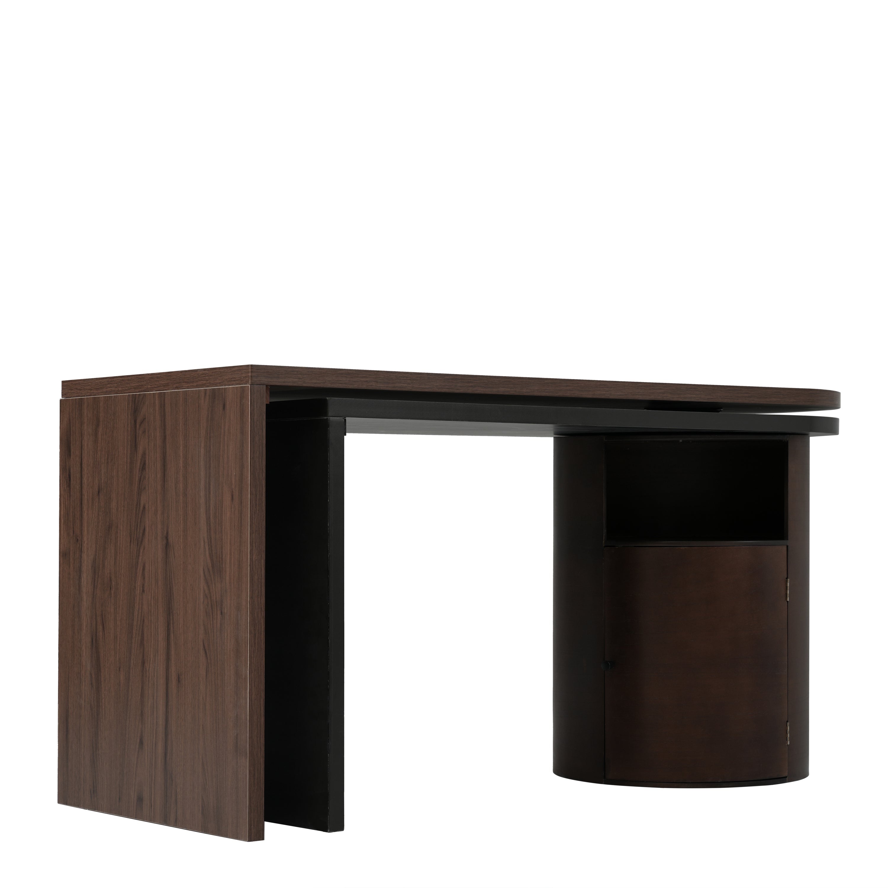 Modern L Shaped Desk in Walnut with 1 Cabinet and Open storage, 360° Wood Rotating Desk 56.92"  - Walnut