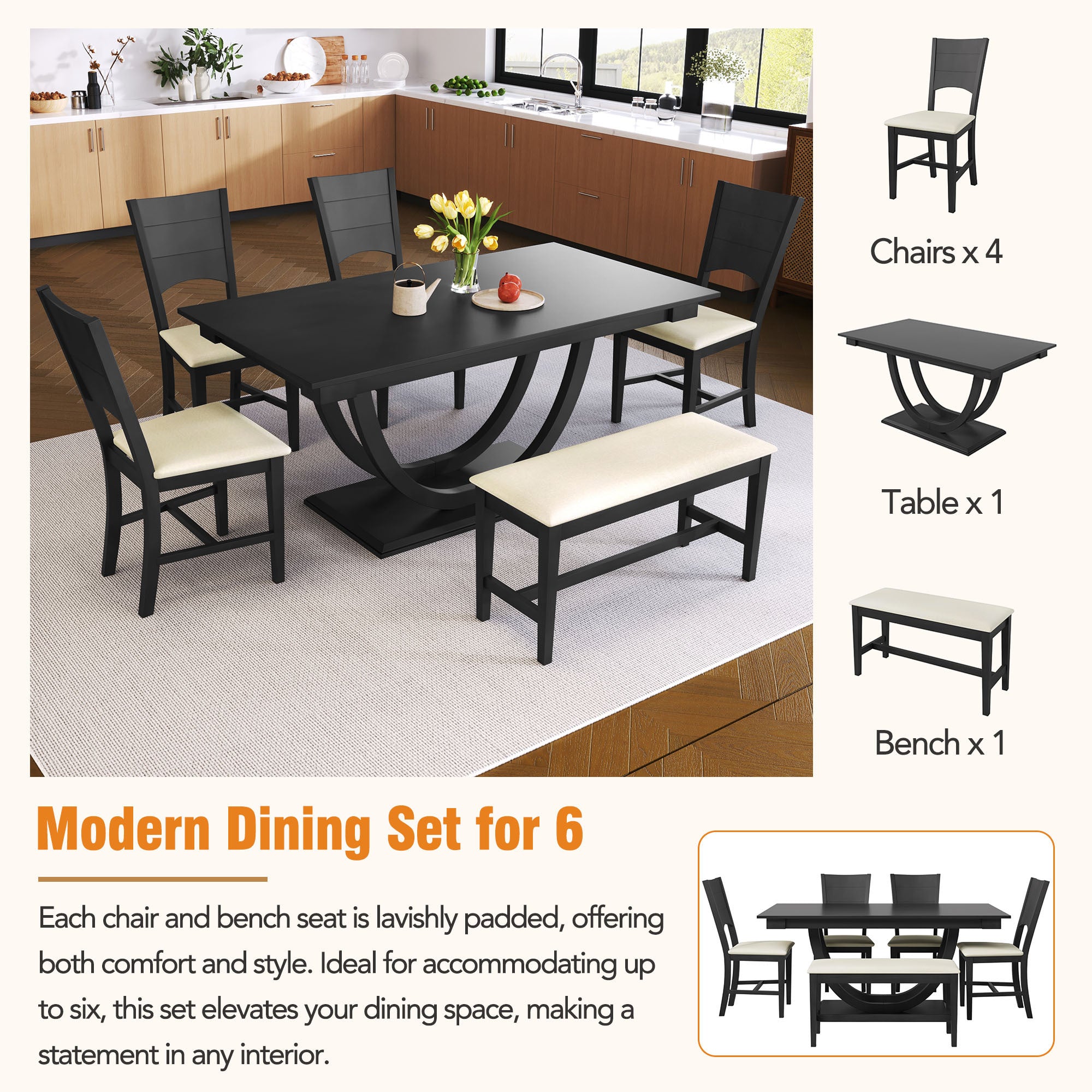 6-Piece Wood Half Round Dining Table Set with Long Bench and 4 Dining Chairs - Grey