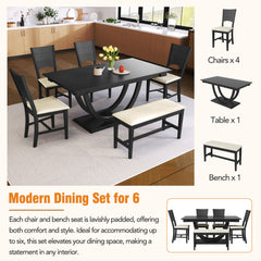 6-Piece Wood Half Round Dining Table Set with Long Bench and 4 Dining Chairs - Grey