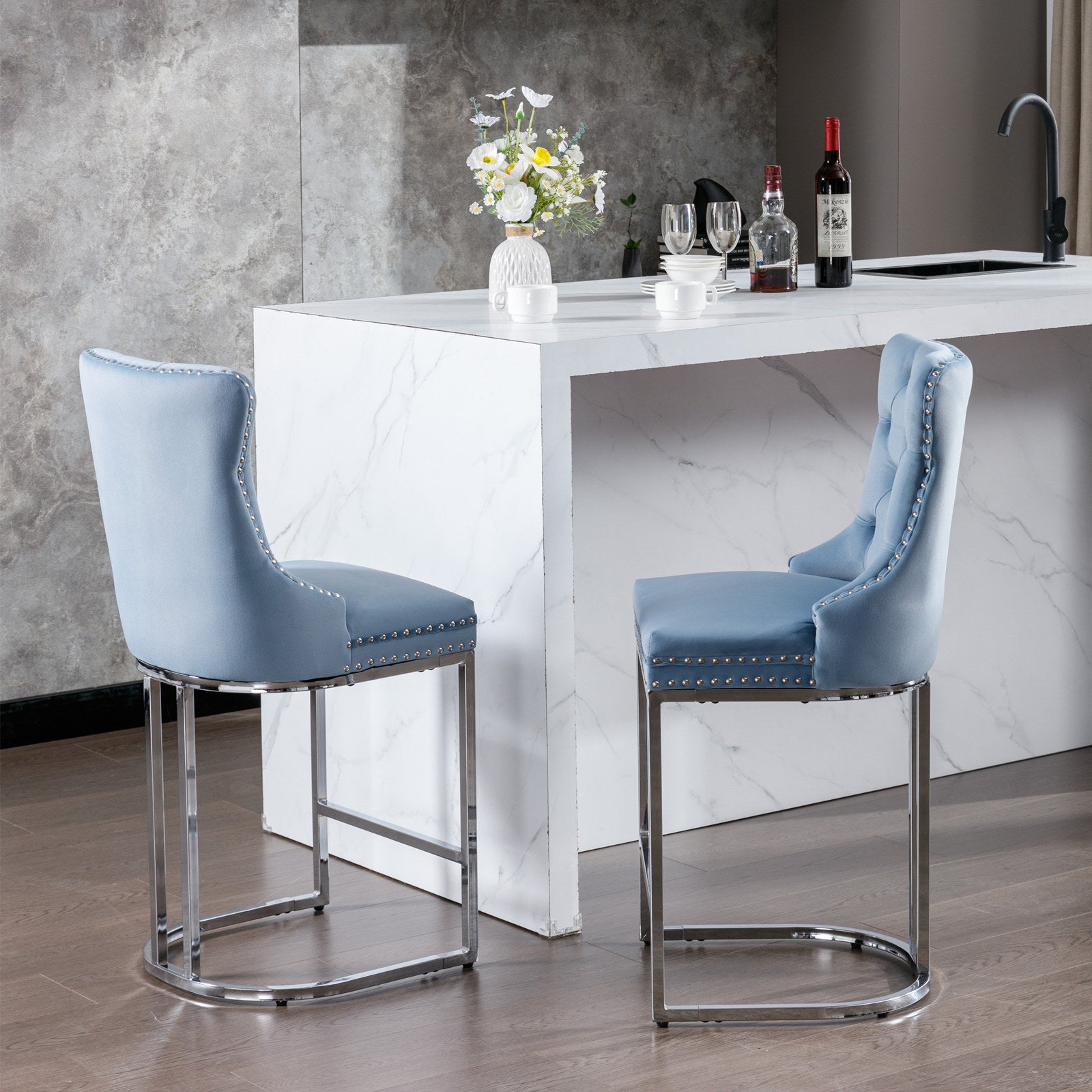 Modern Velvet Barstools  26" Counter Height Bar Stools (Set of 2) - Light Blue
