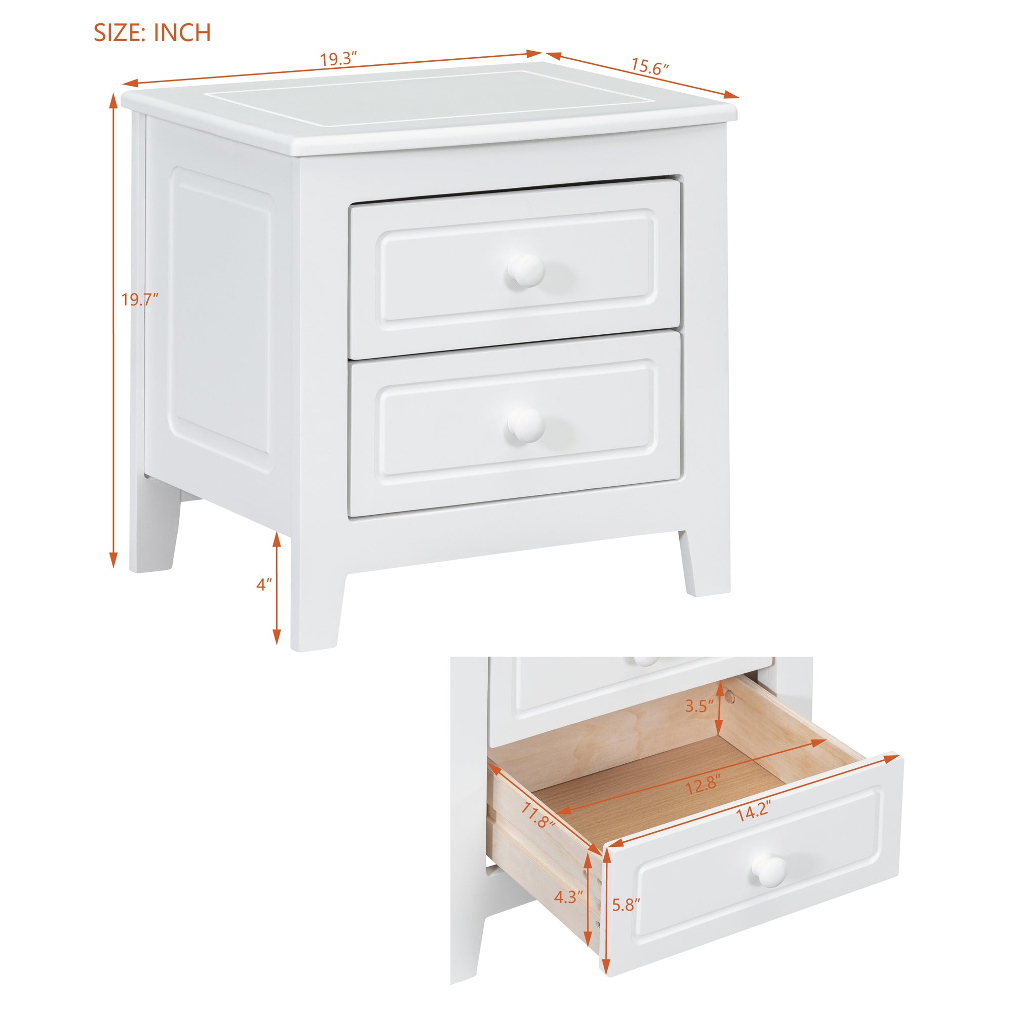 Mid Century Retro Bedside Table with Classic Design 2-Drawer Nightstand - White