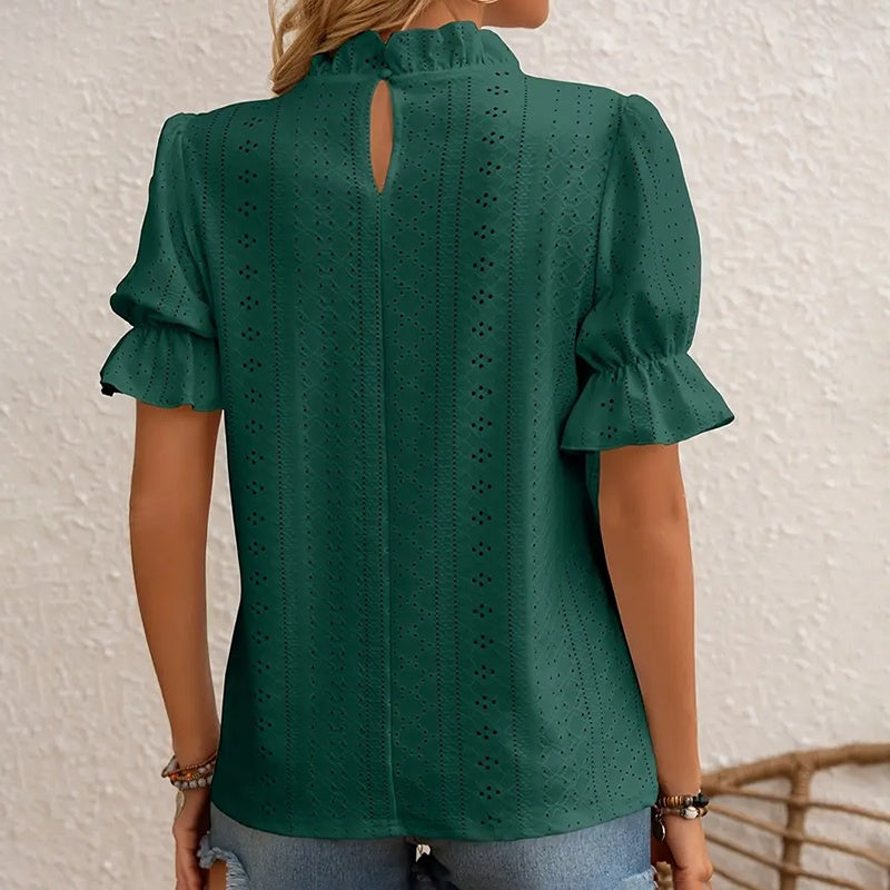 Women's Elegant Ruffle Detail Blouse Short Sleeve Round Neck Top