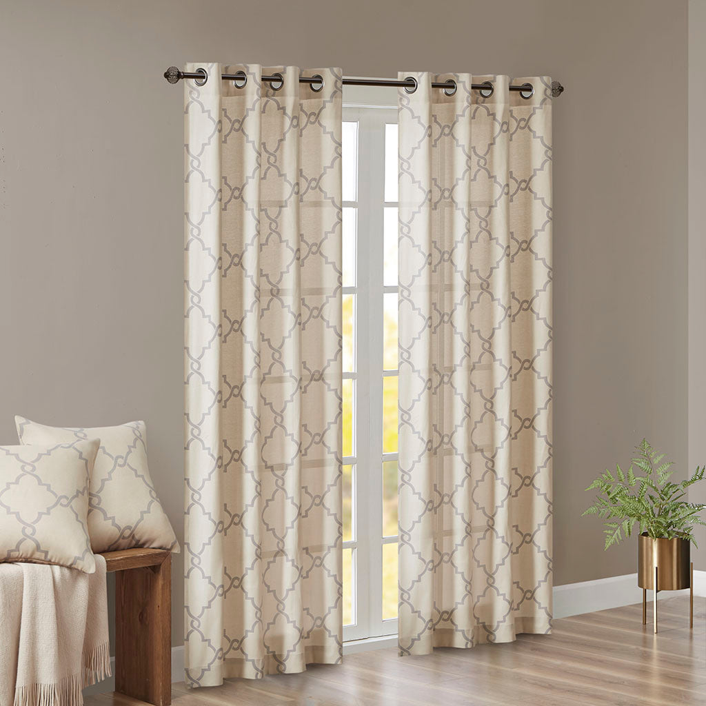 50x108" Fretwork Print Grommet Top Window Curtain Panel - Beige+Grey (1 panel only)