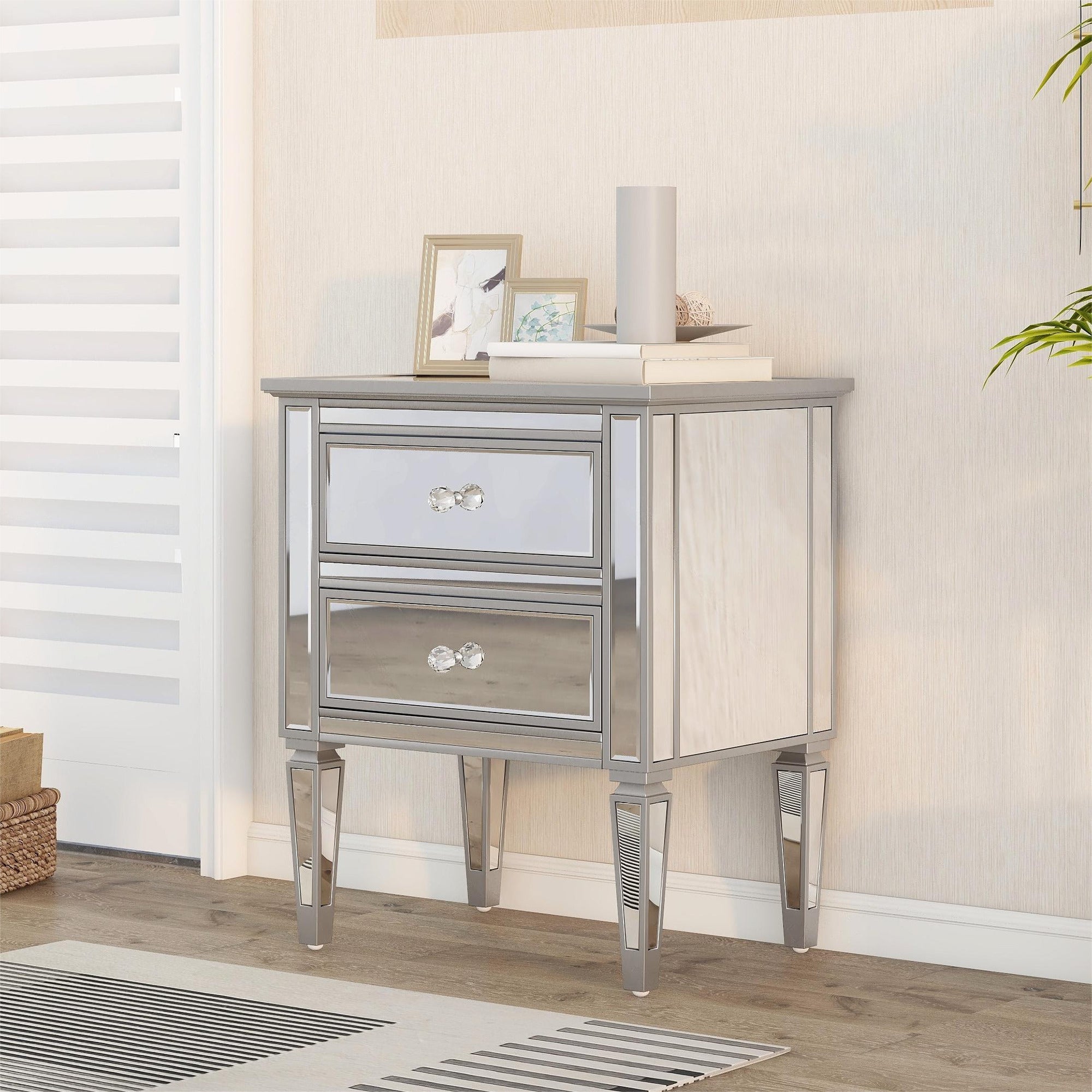 Elegant Mirrored Side Table with 2 Drawers, Modern Silver Finished