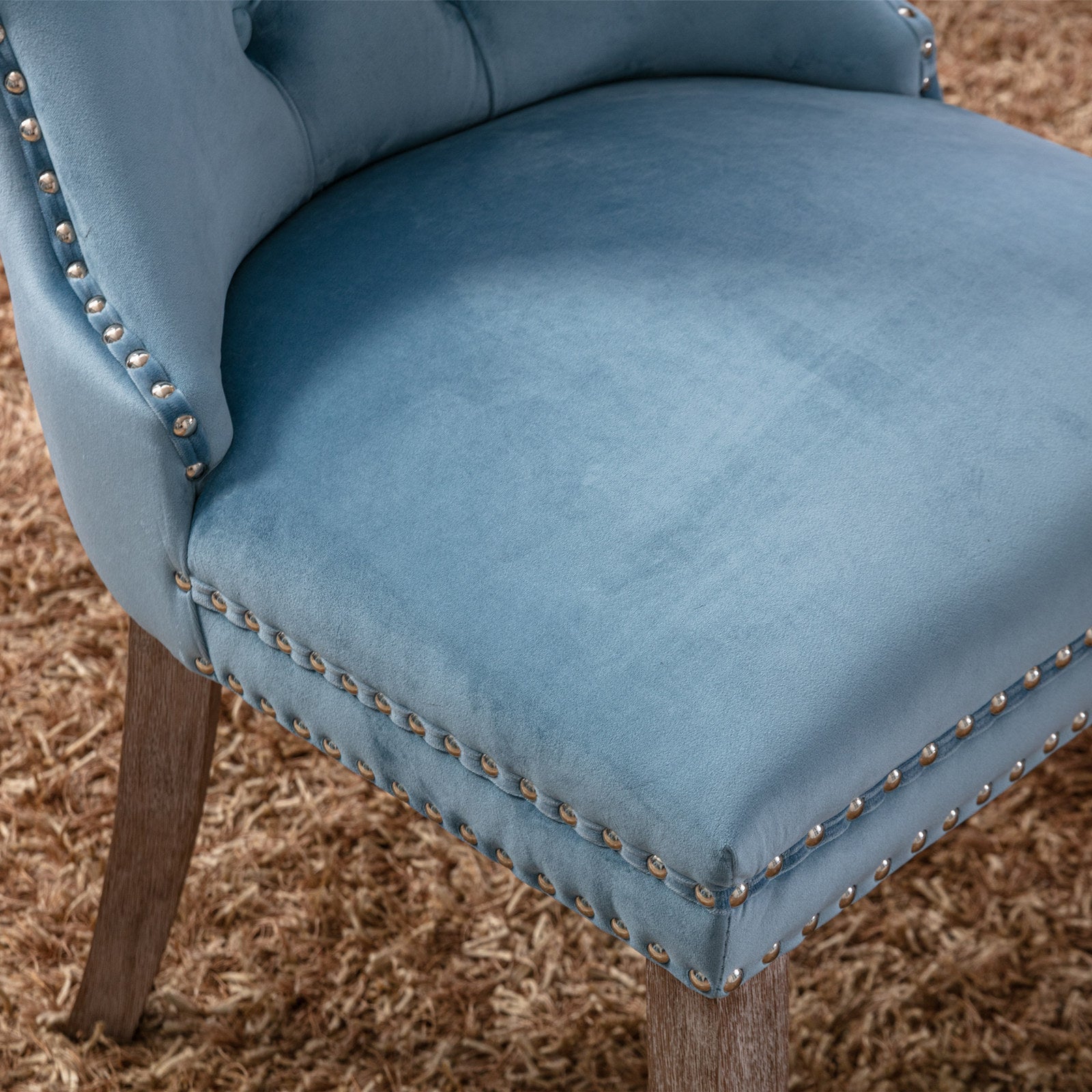 High-end Tufted Solid Wood Contemporary Velvet Upholstered Dining Chair with Wood Legs Nailhead Trim 2-Pcs Set, Light Blue