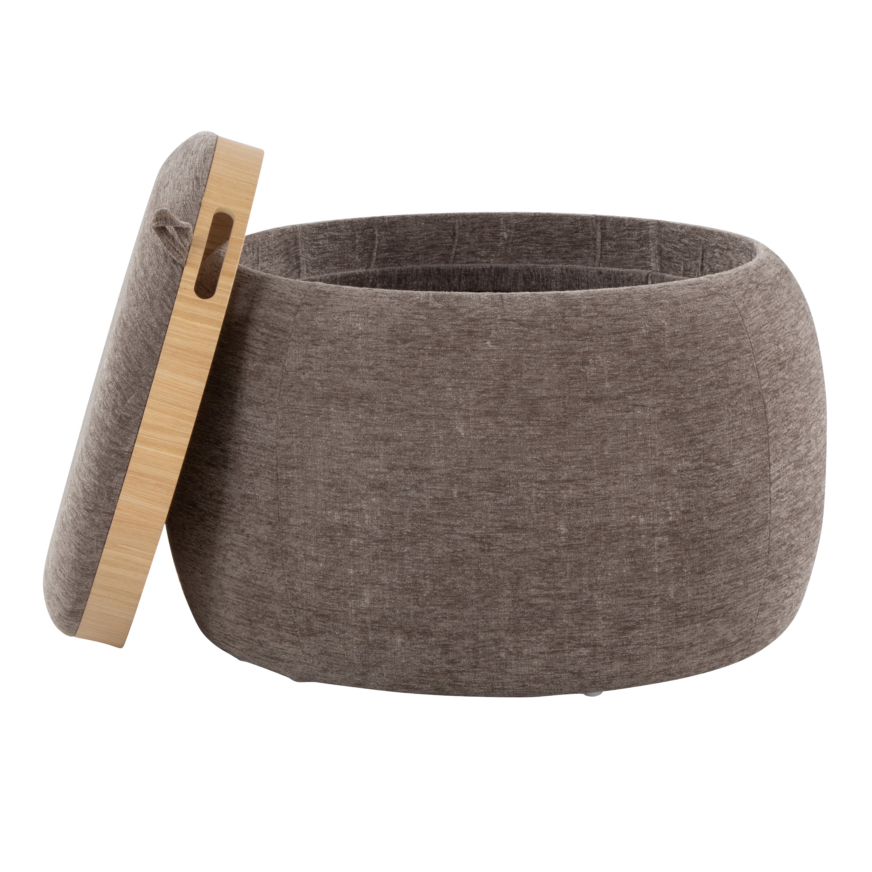 Tray Pouf Contemporary Ottoman in Natural Wood and Brown Fabric