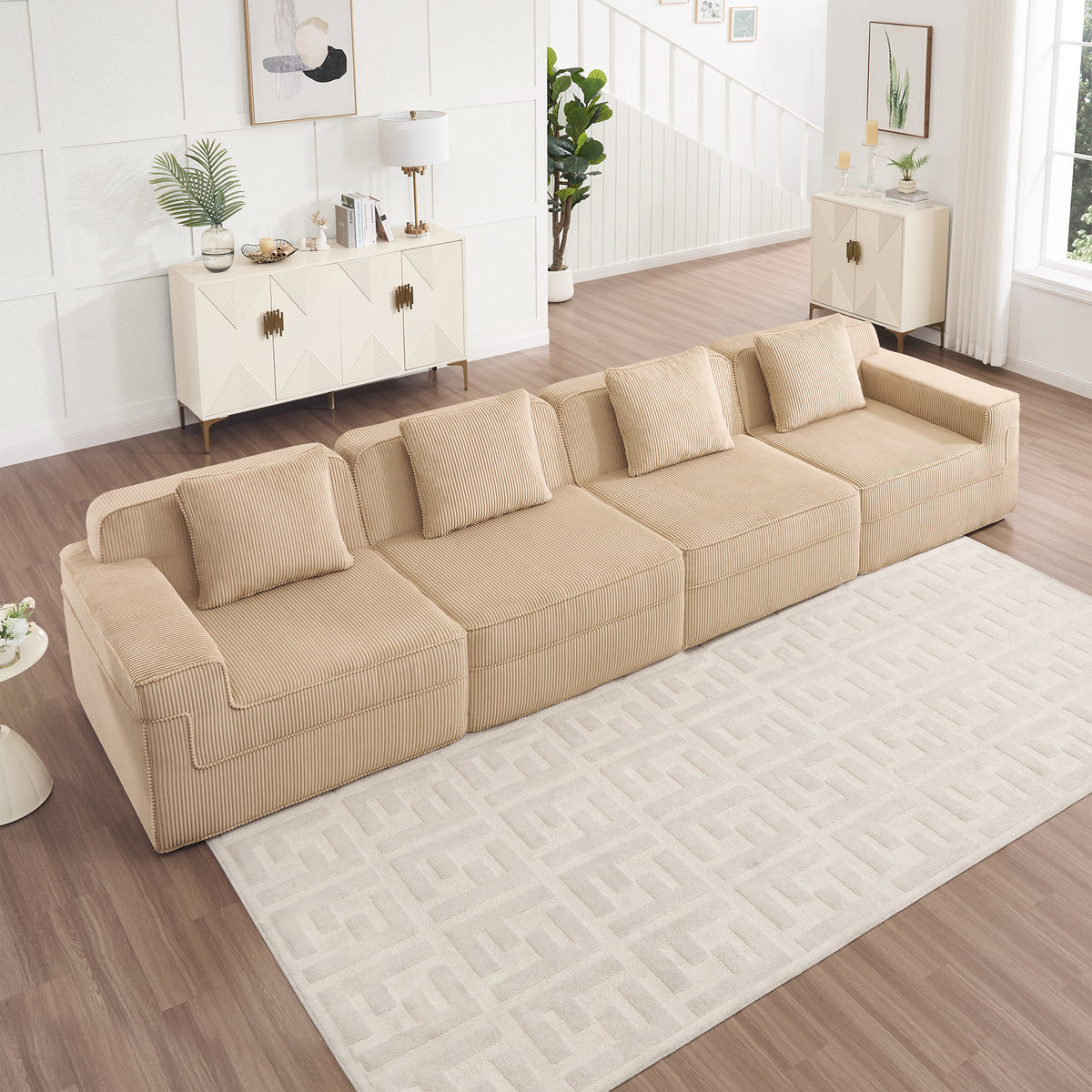 Modular 4 Seat Boneless Sofa, Cloud Sectional Couch with Deep Seat, Modern Modular 4-Seat Sofa Couch with Throw Pillows Corduroy Fabric Camel