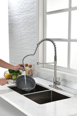 Spring Brushed Nickel Kitchen Faucet with Sprayer Pull Down, Stainless Steel Sink Faucet Kitchen High Arc Gooseneck, Single Handle Faucets with Deck Plate for 1/ 3 Holes Sink