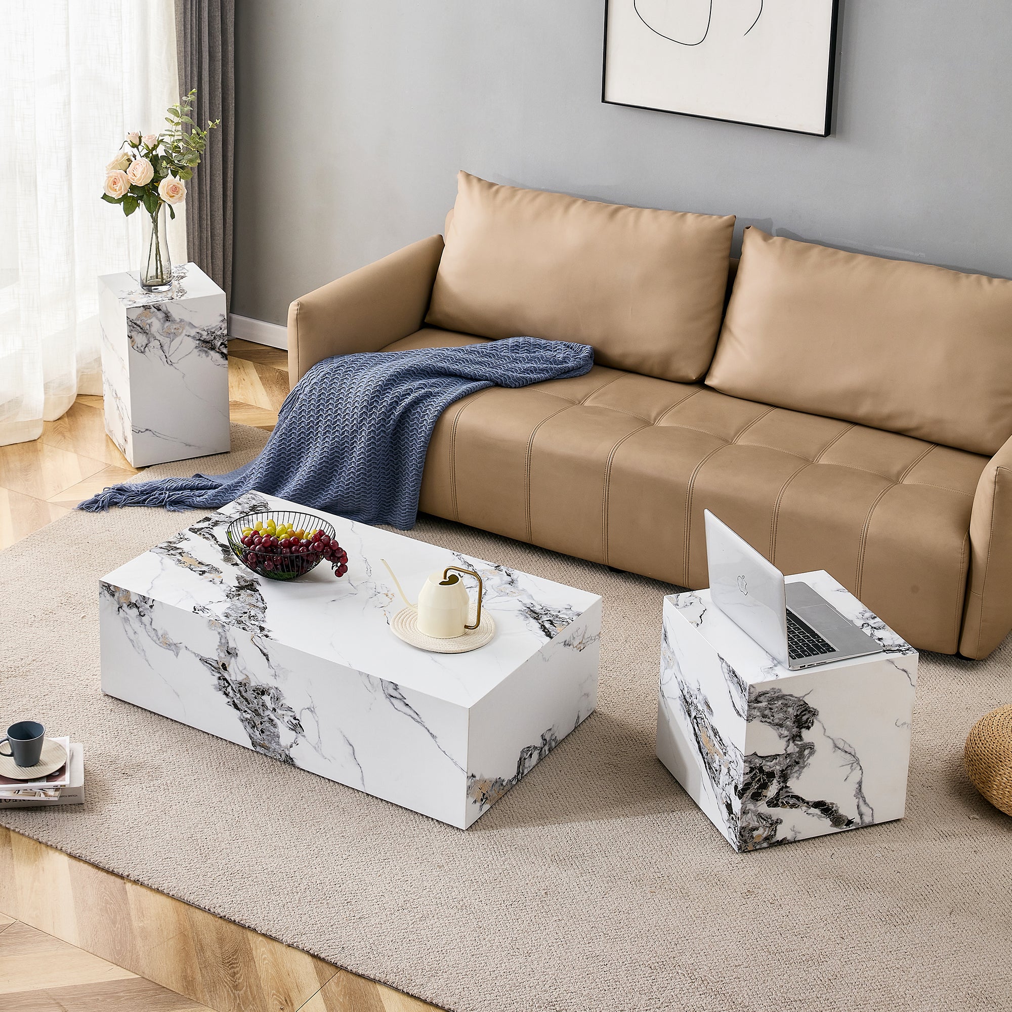 Modern Coffee Table with Marble Pattern - White
