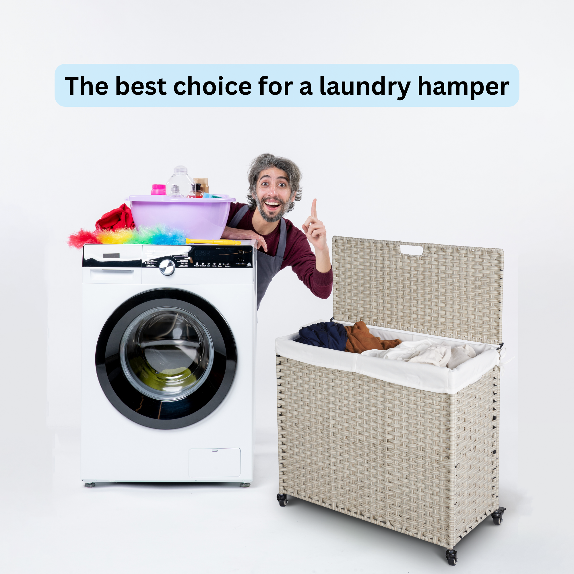 Laundry Hamper With Lid PE Rattan Powder Coating Frame Clothes Hampers with 2 Removable Bags, Wheels, 160L, Light Grey