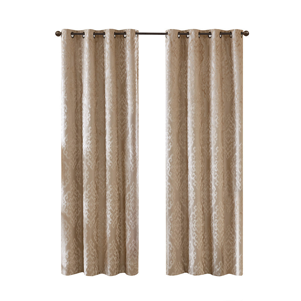 2-PK 50x84" Knitted Jacquard Damask Total Blackout Grommet Top Curtain Panel Pair - Champagne