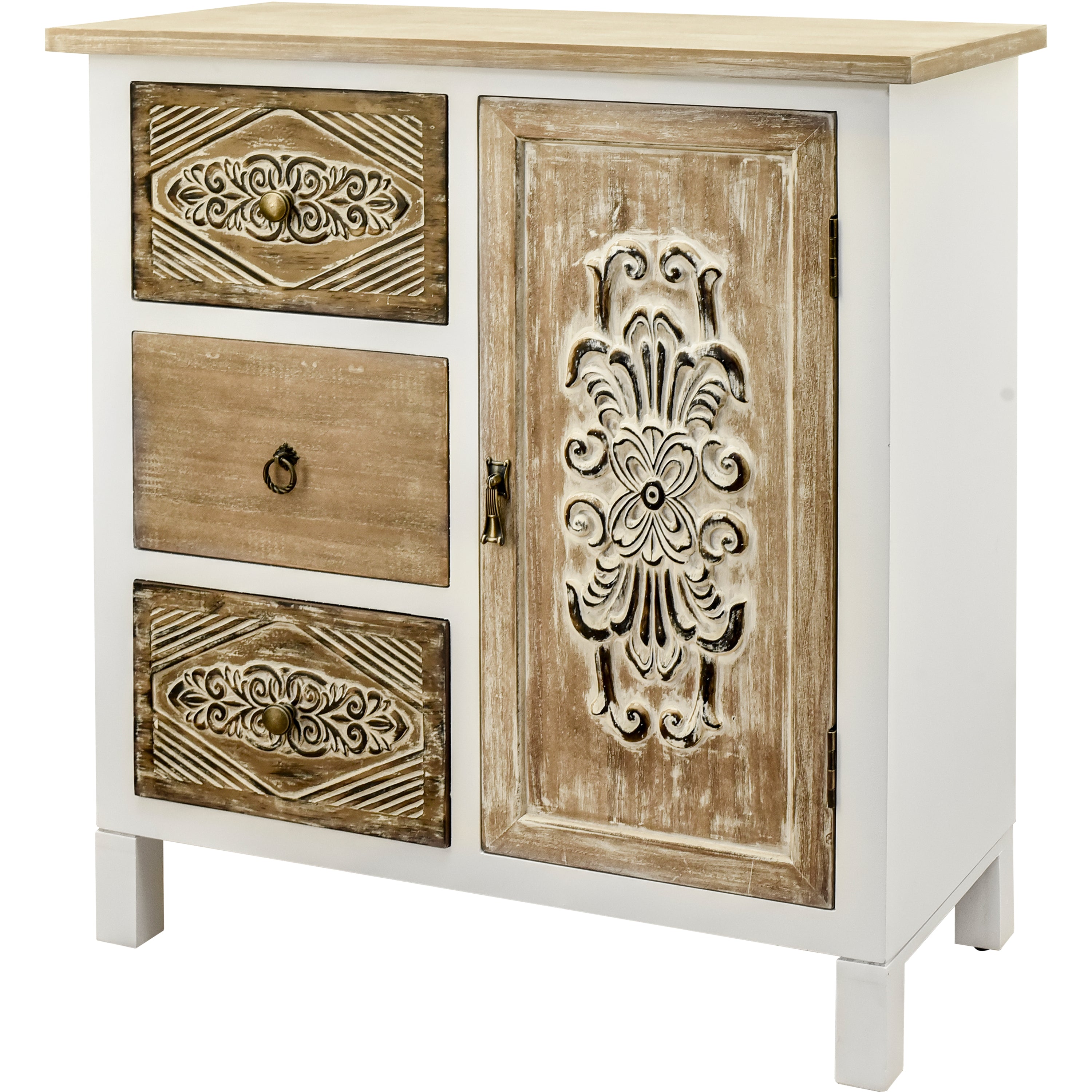 Hand-Carved Accent Cabinet with Vintage Charm - Versatile Storage and Distinctive Design - Fully Assembled