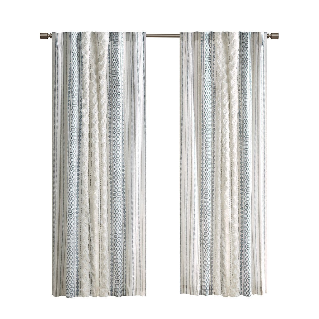 50x95" Cotton Printed Curtain Panel with Chenille Stripe and Lining - Ivory+Navy (1 panel only)