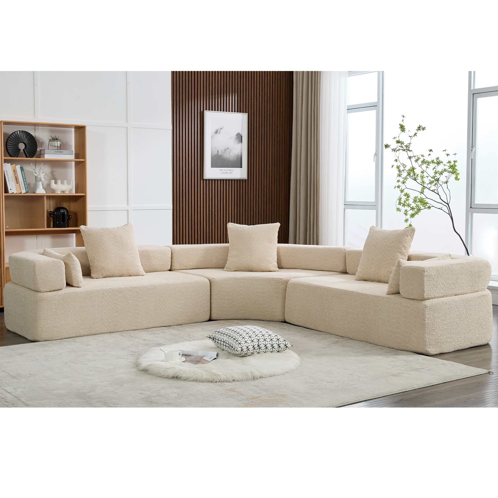Upholstered 4 Seater Couch for Living Room, Modern Modular 3 Piece Free Combination, Semicircular Modular Sofa - Boucle, Khaki