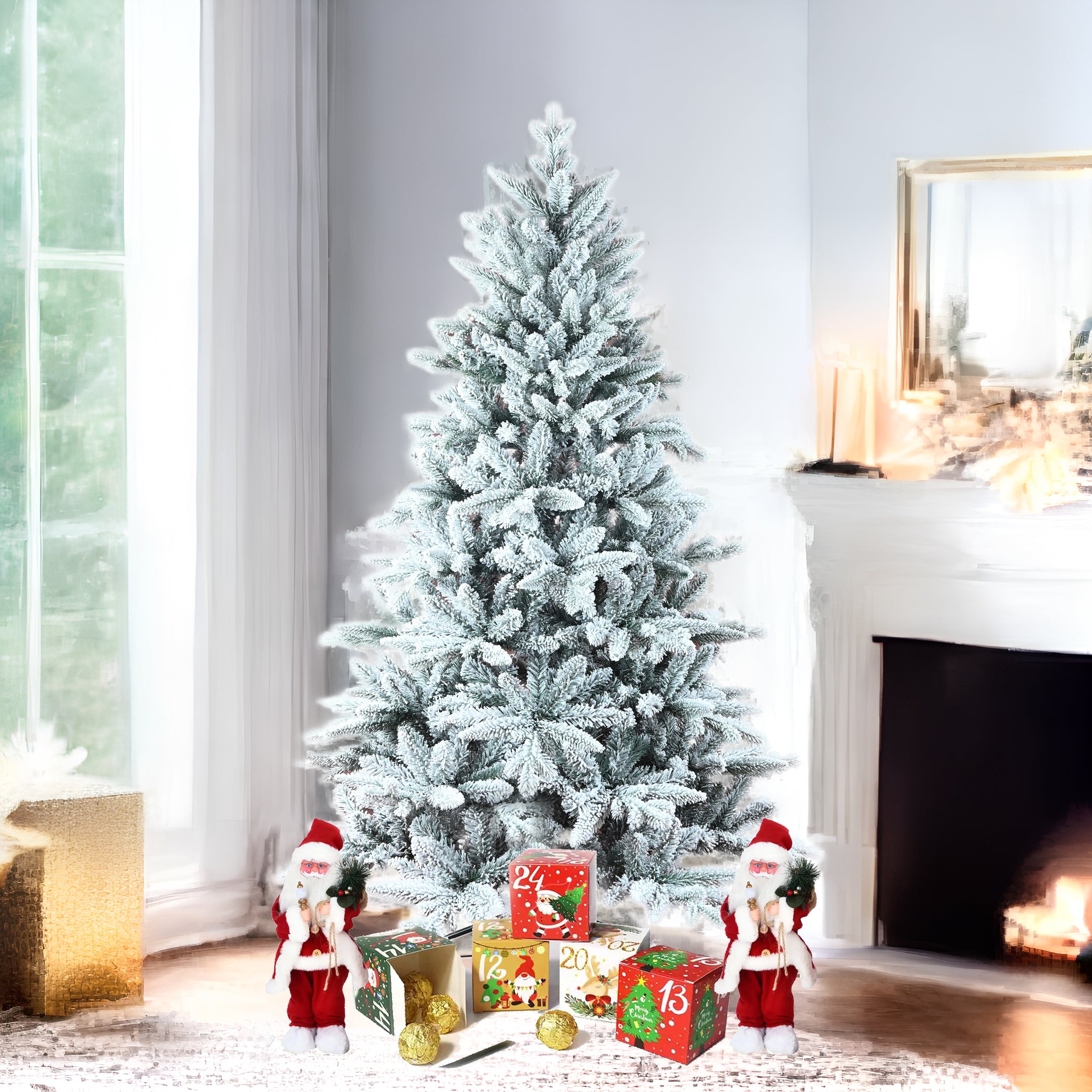 7FT PE/PVC Mixed Flocking Automatic Tree Environmentally Friendly Fireproof  Artificial Christmas Flocked Tree