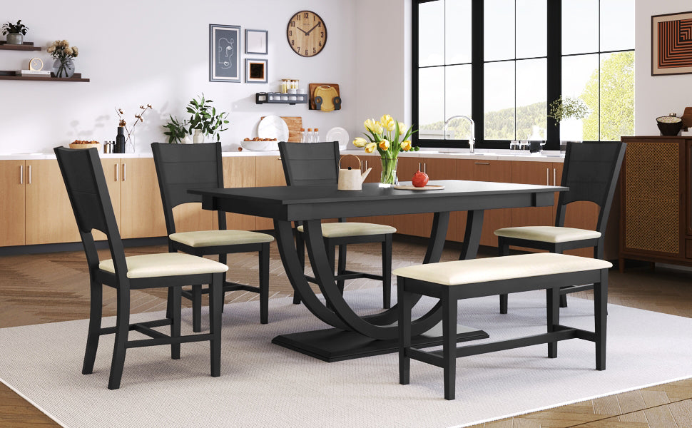 6-Piece Wood Half Round Dining Table Set with Long Bench and 4 Dining Chairs - Grey