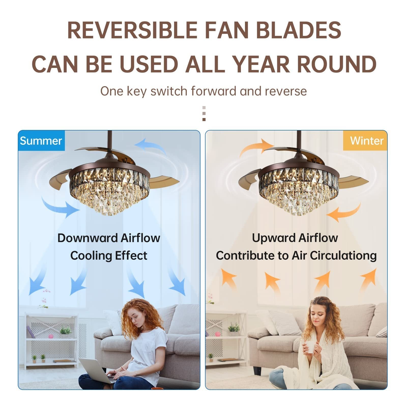 42"Chandelier Ceiling Fan Retractable Ceiling Fans with Lights and Remote Control 6 Speed LED 72w Dimmable Invisible