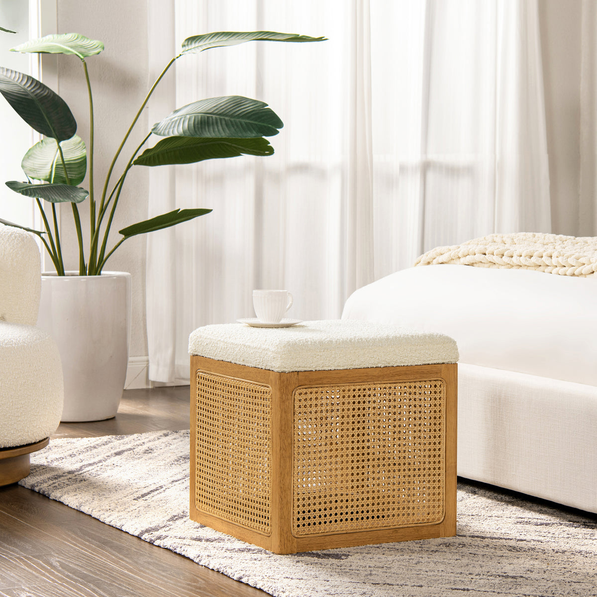 Nina 18' Cane Webbing Cube Ottoman, Ivory White Boucle