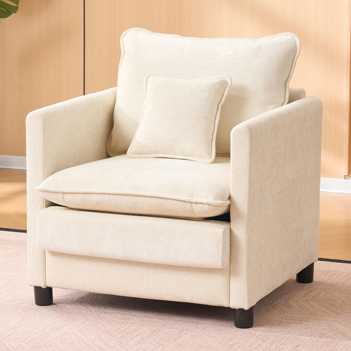 Modern Living Room Chair Single, Comfortable Lounge Armchair, Thick Padded Cushion with a 3-Pillow Comfort Set for Indoor Home, Beige