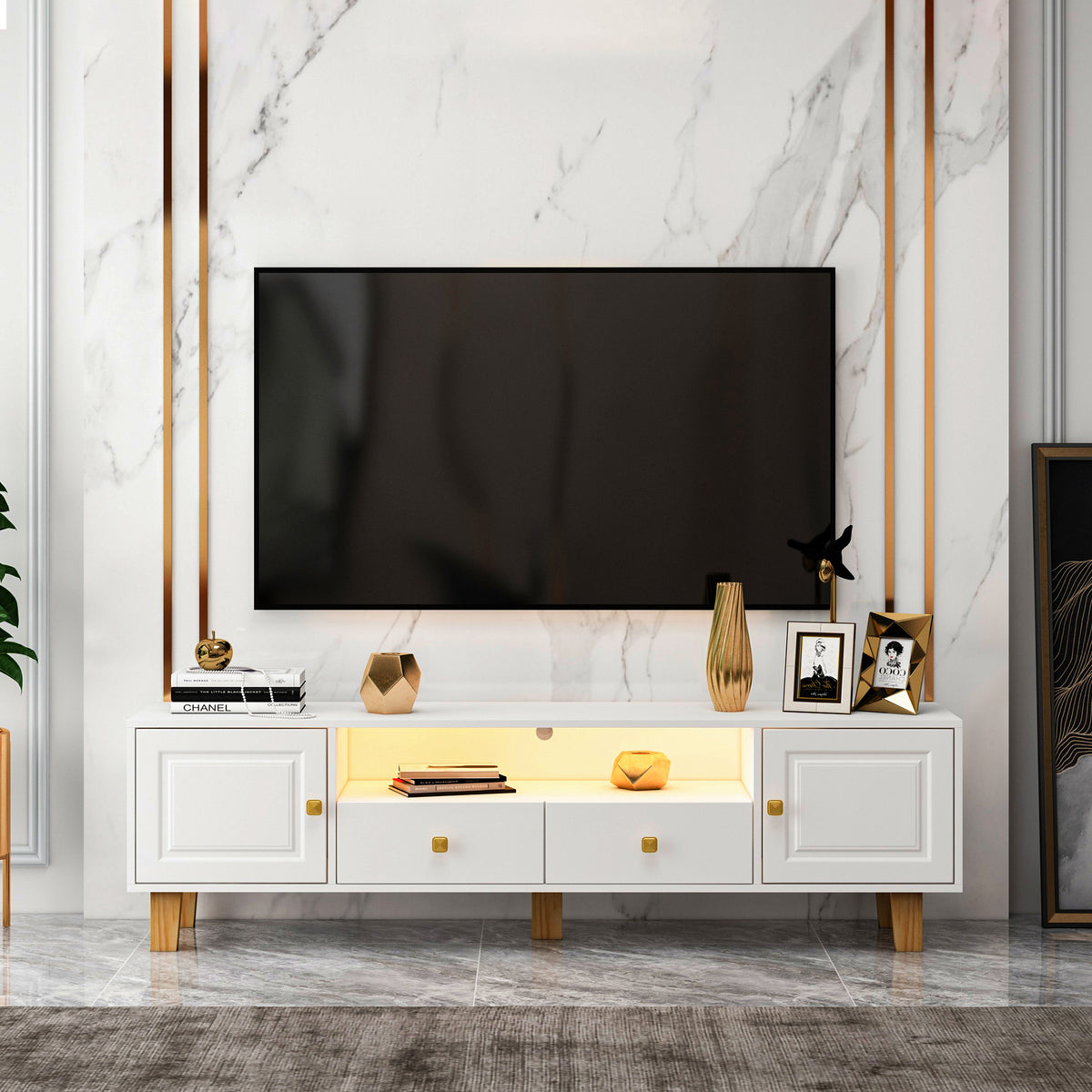 TV Media Console with LED Remote Control Light - White