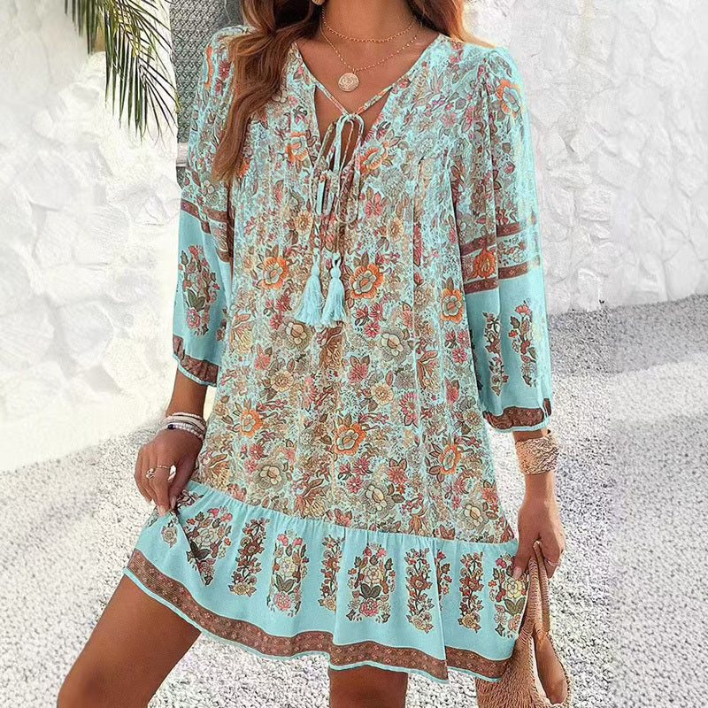Women's Floral Print Mini Dress, V-Neck with Tassel Tie, Long Sleeve, Boho Summer Style