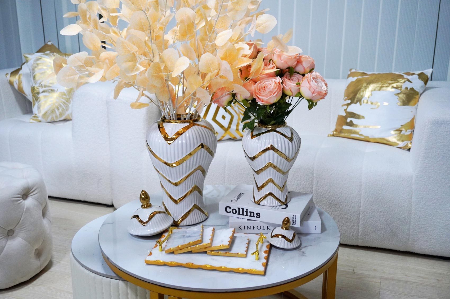 12.50"H Timeless White Gilded Waves Ginger Jar with Removable Lid