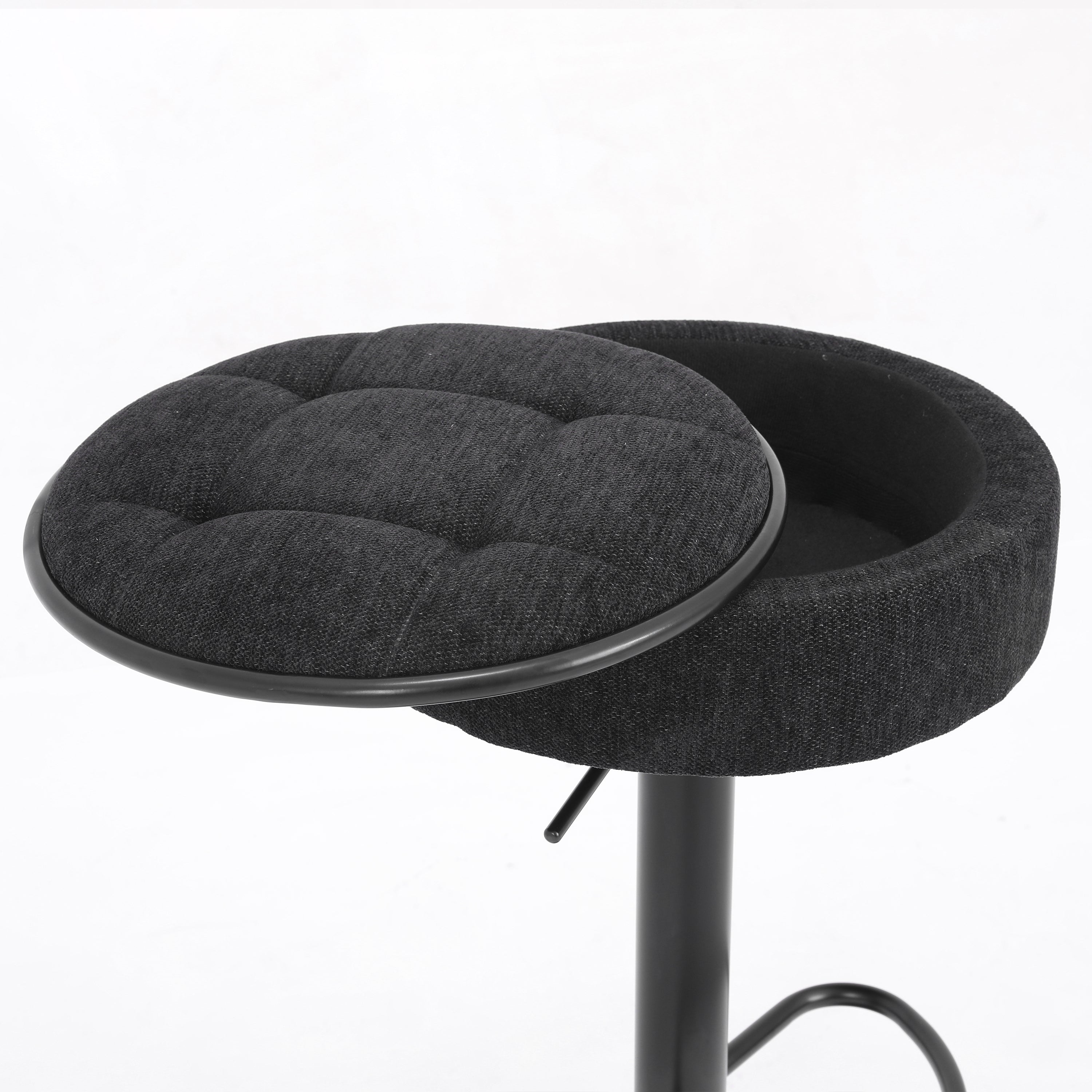 Set of 2 Round Storage Bar Stool Black Linen Height Adjustable Barstool, 360°Counter Height Swivel