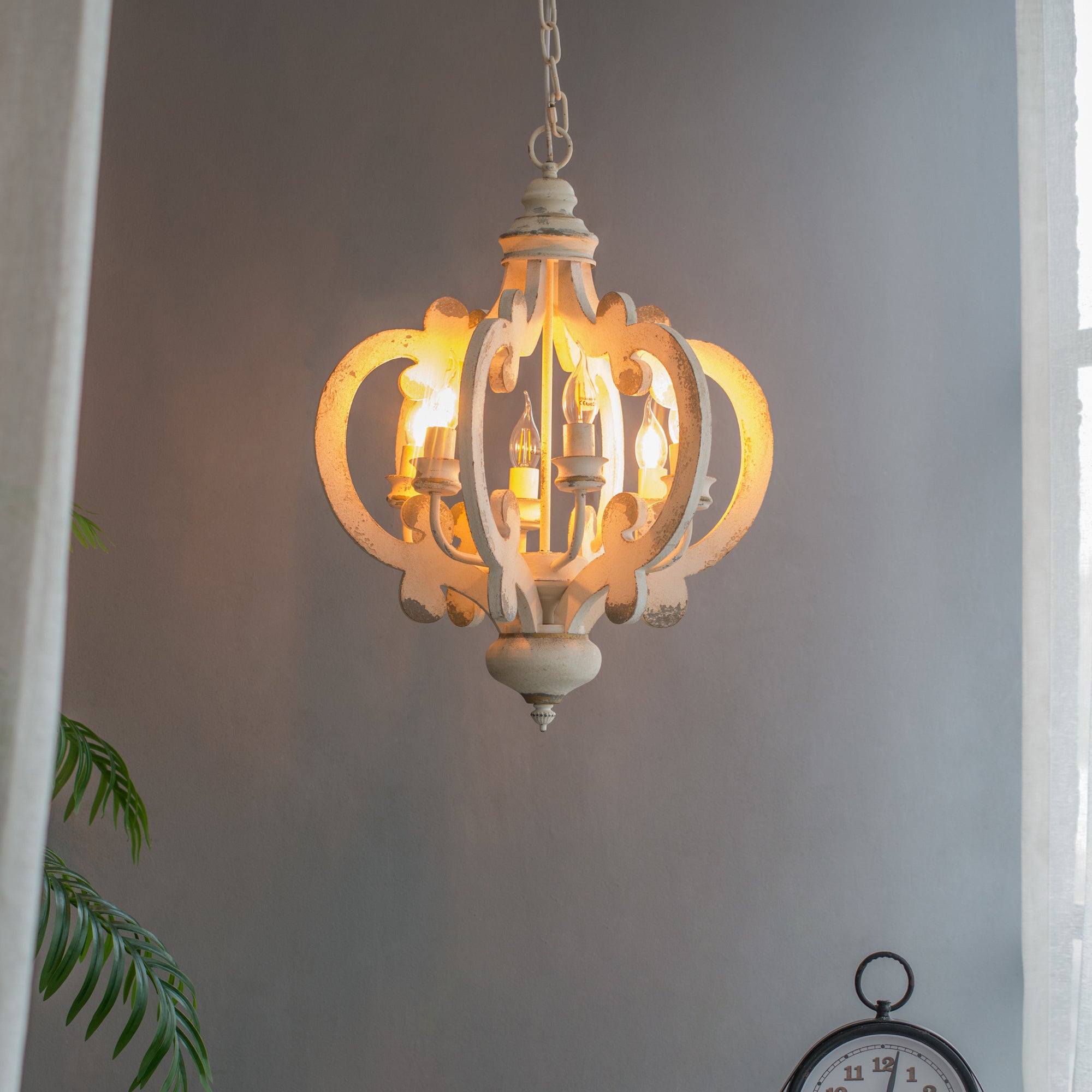 French Country Wood Chandelier, 6-Light Farmhouse Pendant Light Fixture with Adjustable Chain