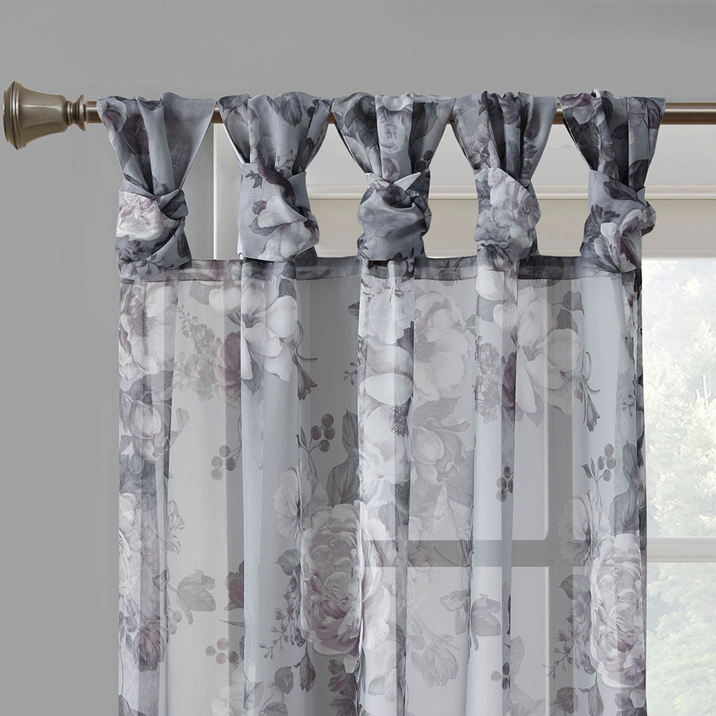 Printed Floral Twist Tab Top Voile Sheer Curtain - Grey