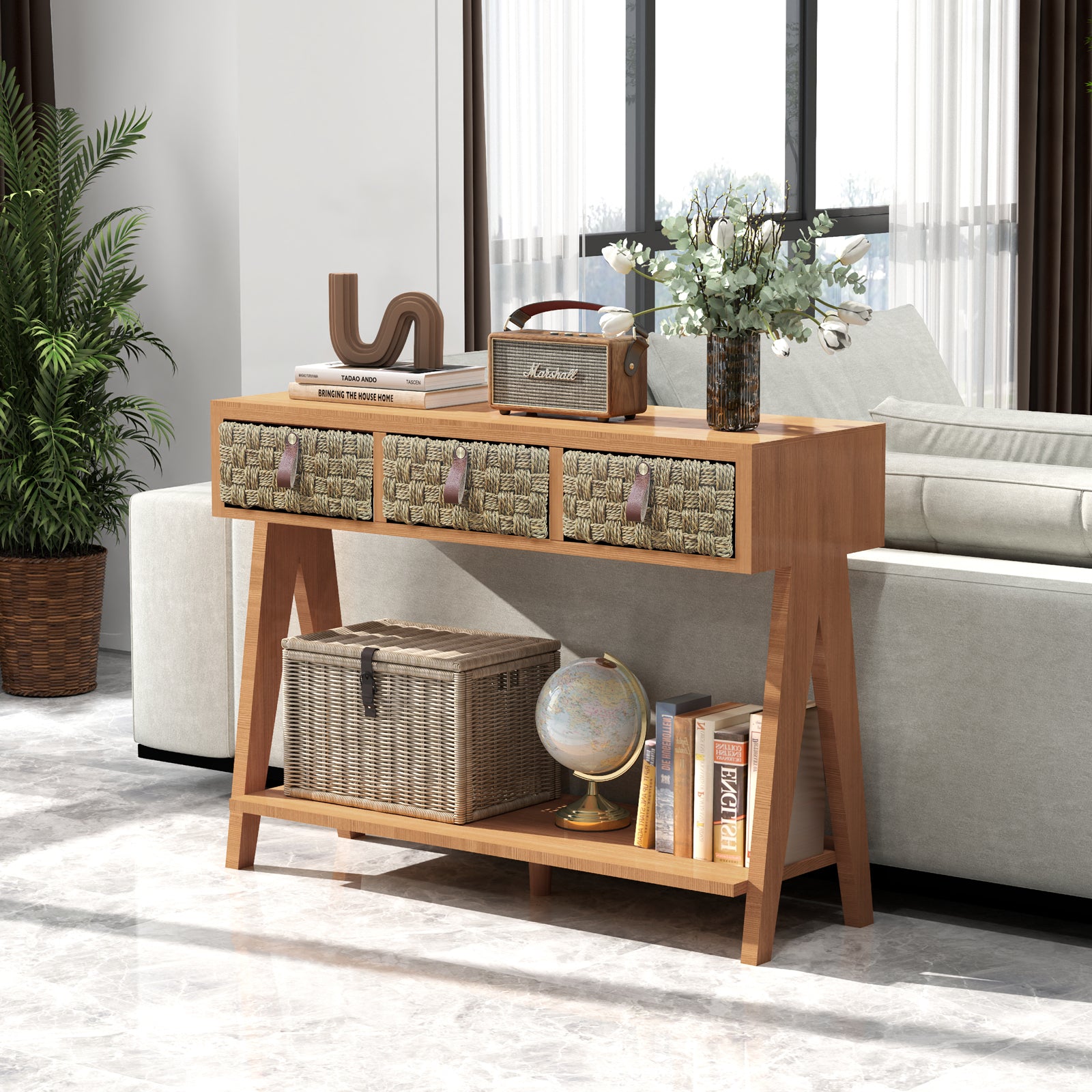 Mid Century Modern Console Table with Storage for Entryway - Brown Oak