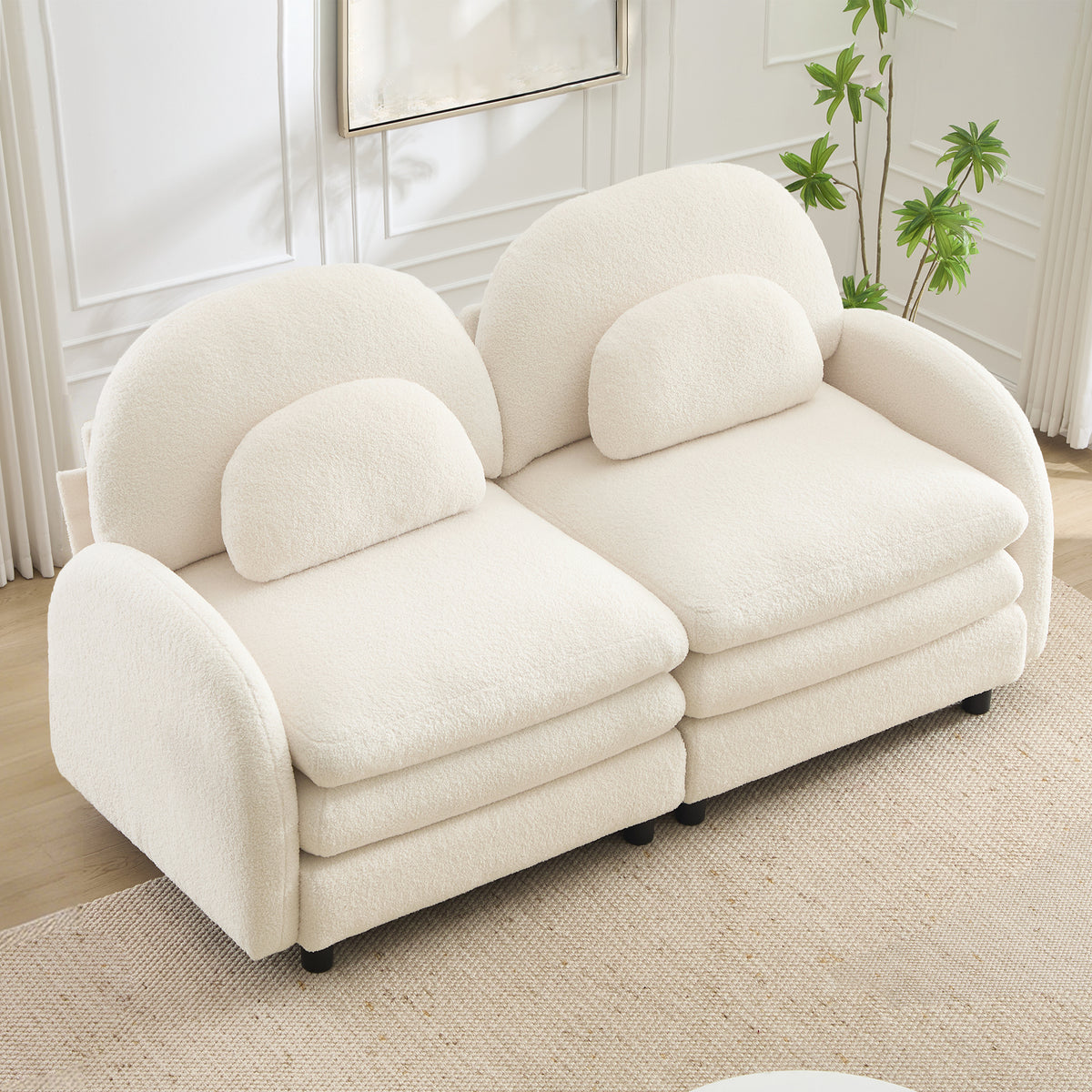 Teddy Fabric Soft Cloud-like Loveseat Sofa,Curved Backrest and Armrest with Curved Lumbar Pillows, Modular 2 Seater Couch with Supportive Double-layer cushion, Beige White
