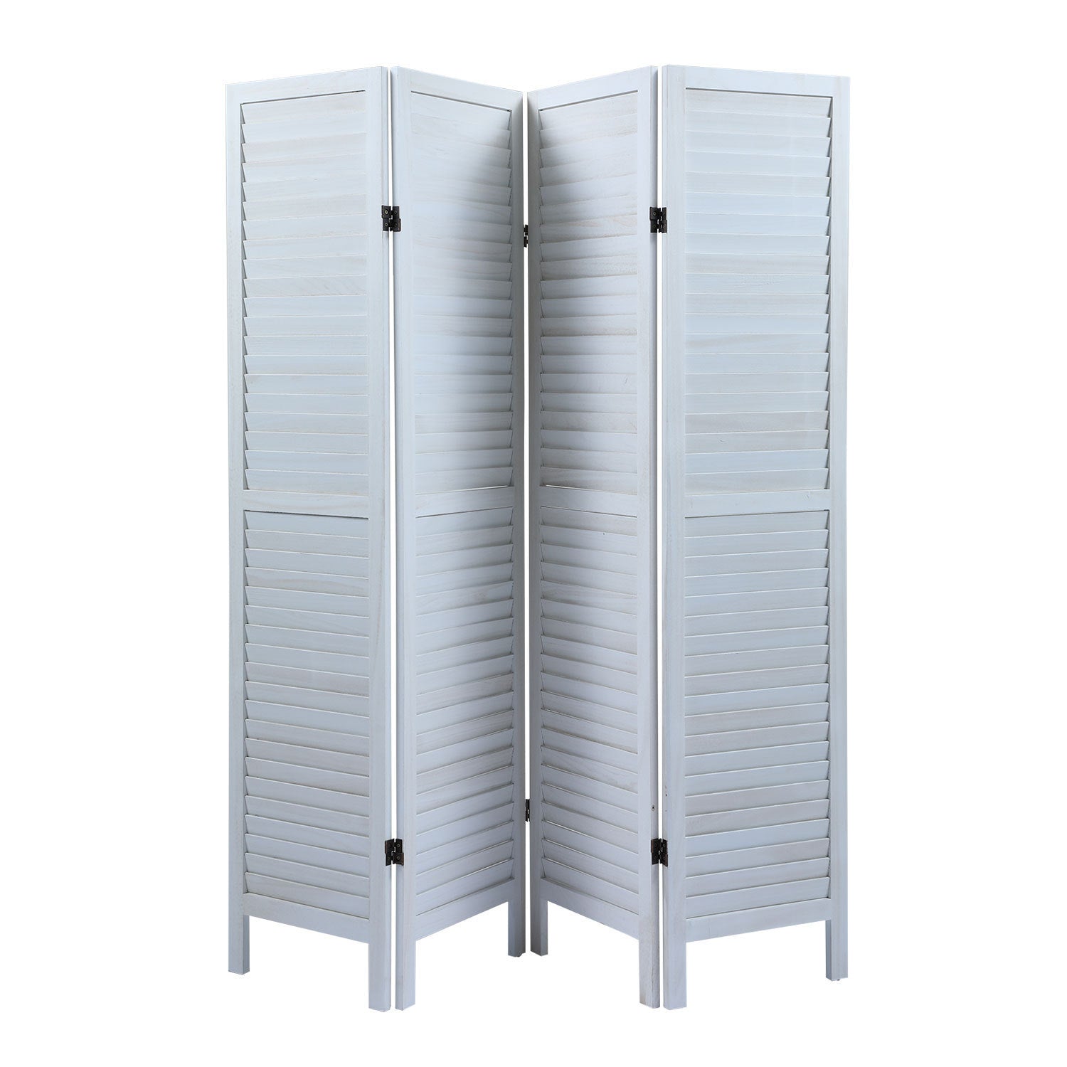 Wood 4 Panel Screen Folding Louvered Room Divider - Old white