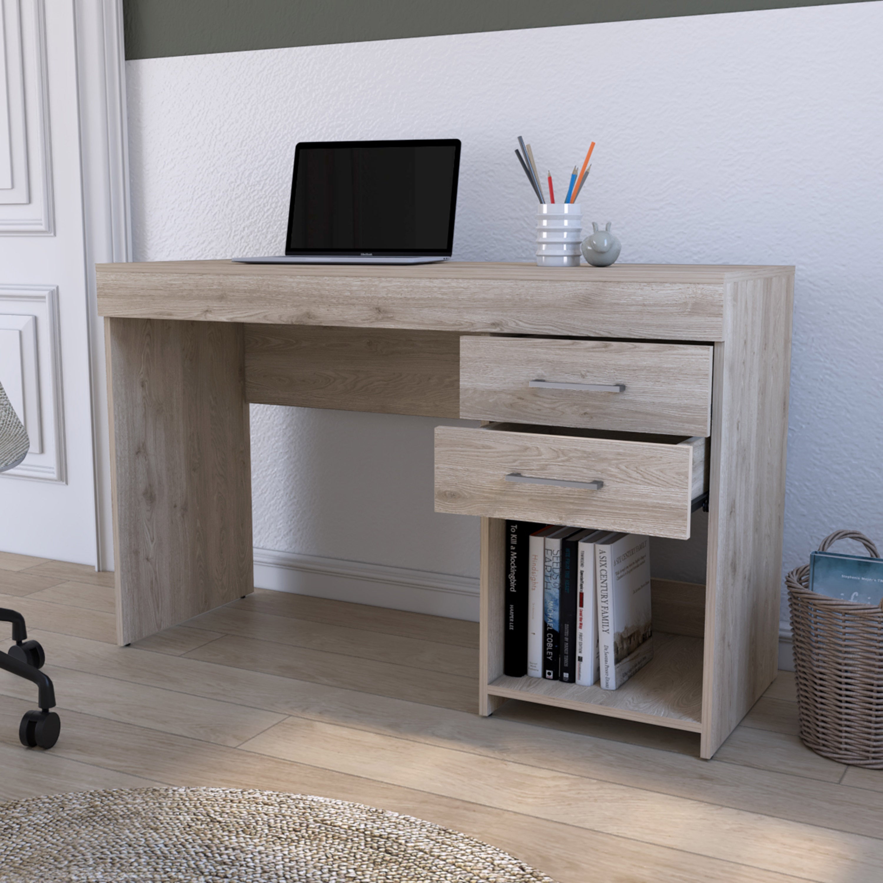 Computer Desk Limestone, Two Drawers - Light Gray Finish