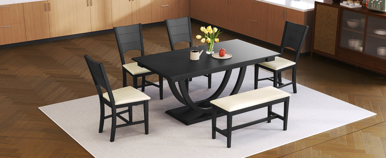 6-Piece Wood Half Round Dining Table Set with Long Bench and 4 Dining Chairs - Grey