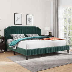 Modern King Bed Velvet Curved Upholstered Platform Bed - Green