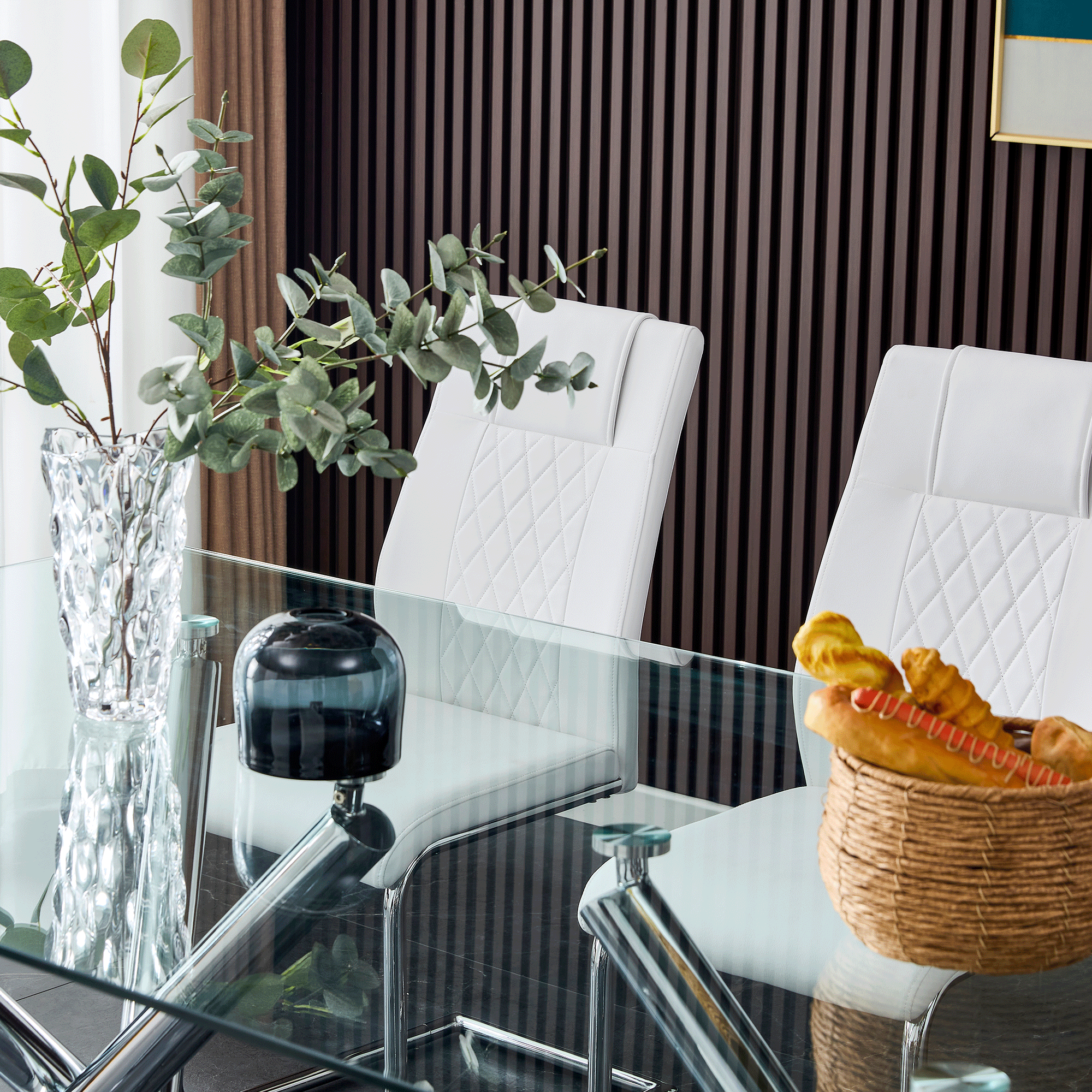Modern Minimalist Rectangular Glass Dining Table for 6-8 with 0.39" Tempered Glass Tabletop and Silver Chrome Metal Legs