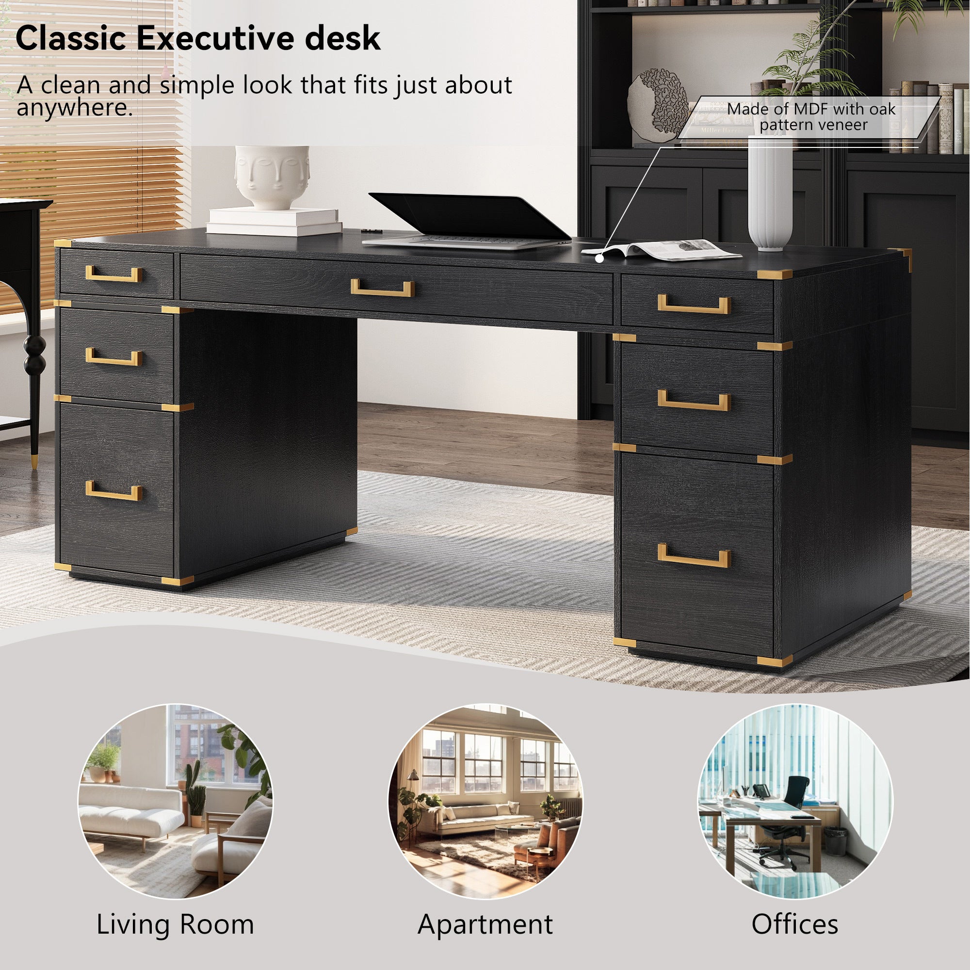 70"Classic and Traditional Executive Desk with Metal Edge Trim - Black