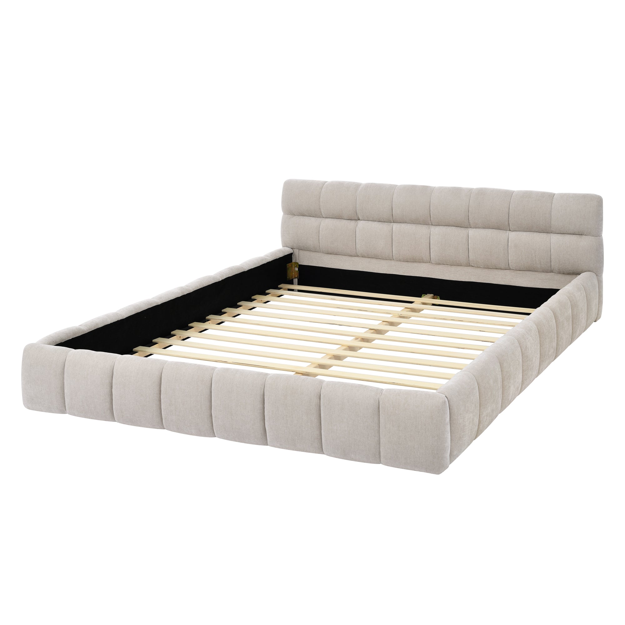 Queen Size Upholstered Bed Frame with Thick Fabric, Chenille Fabric Grounded Queen Size Platform Bed with Headboard and Solid Frame. No Box Spring Needed, Beige(68''x86.5''x23.5'')