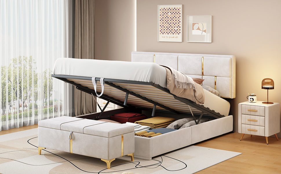 2-Pieces Bedroom Sets: Queen Size Upholstered Platform Bed + Storage Ottoman - Beige